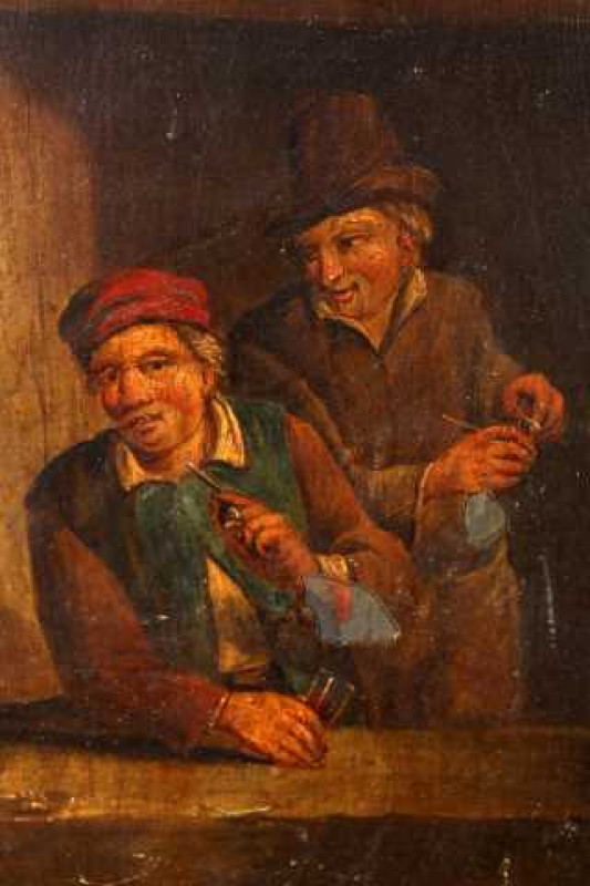 Continental School, Two men smoking clay pipes, possibly 18th century, oil on panel, framed. 23.5cm by 19cm