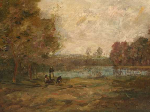 Style of the Barbizon School, Figures and a goat by a lake, indistinctly...