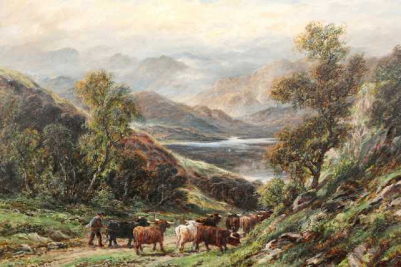 William Langley (1852-1922), Highland cattle in a dramatic landscape, a pair, each signed lower left, oil on canvas, in gilt composition frames. 50cm by 75.5cm