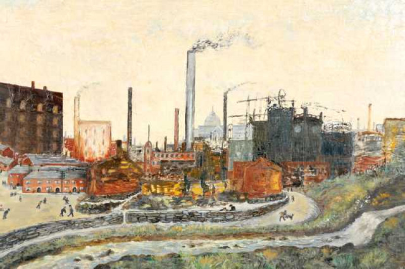 Mary Maden (20th Century), Lancashire industrial scene, signed lower right, inscribed to an old label verso with an address in Rawtenstall, oil on board, framed. 53cm by 81.5cm