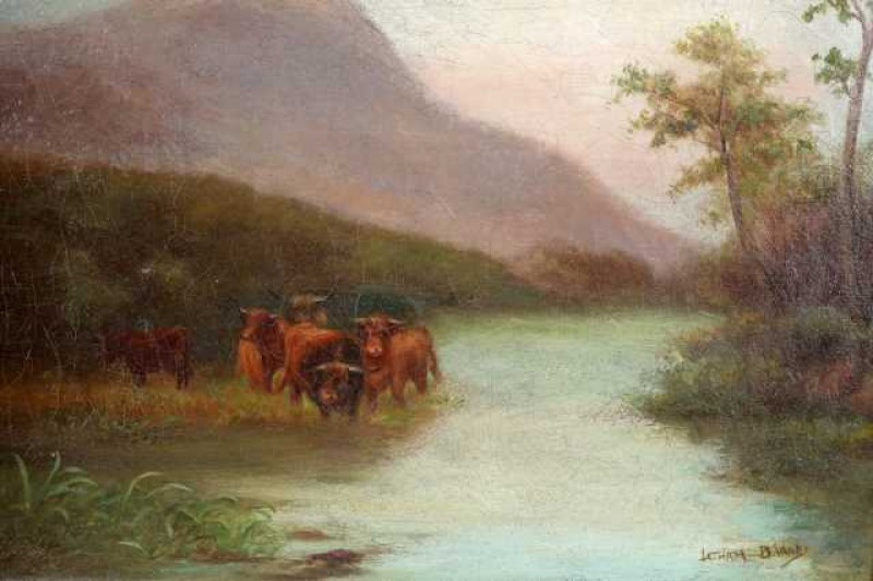 Latham Barnes (19th/20th century), Highland cattle at the waters edge, signed lower right, oil on canvas, framed. 45cm by 60cm
