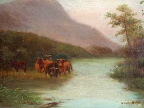 Latham Barnes (19th/20th century), Highland cattle at the waters edge,...