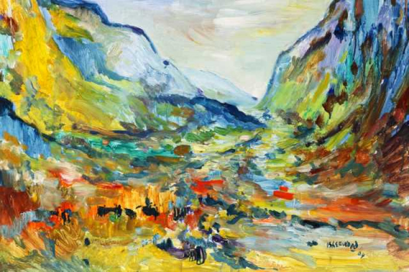 James Lawrence Isherwood (1917-1988), Highland landscape, signed and dated 64 lower right, inscribed verso, oil on board, framed. 53cm by 58cm  Provenance: Bought from the artist  Artists Resale Right royalty may apply