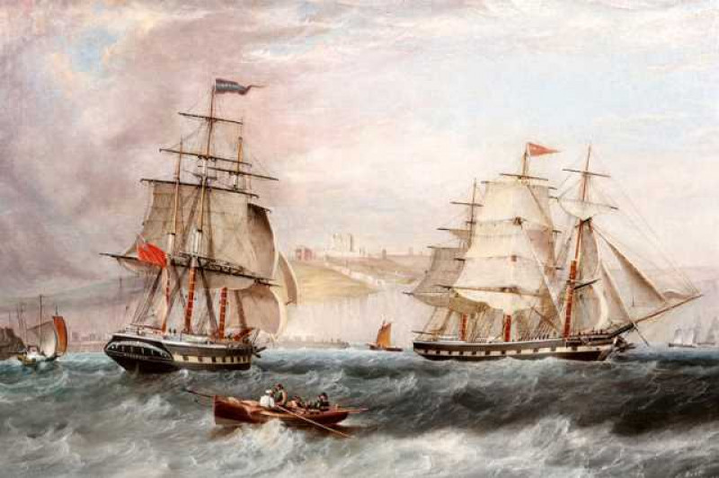 John Scott (1802-1885), The Maranham off Dover, signed and dated lower right 1870, oil on canvas, in a gilt composition frame. 70cm by 104cm  Note: Marine and landscape painter in oil who lived at South Shields. He served as a seaman until around 1834 whe