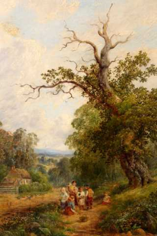 Alfred Augustus Glendening Sen. (1840-1910), Children on a path, a cottage beyond, monogrammed and dated 1865, oil on canvas, in a gilt composition frame. 35cm by 29.5cm