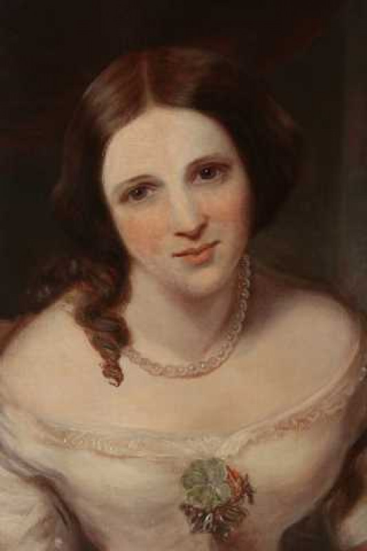 English School (19th Century), Portrait of a young lady wearing a pearl necklace, oil on board, framed. 58cm by 43cm
