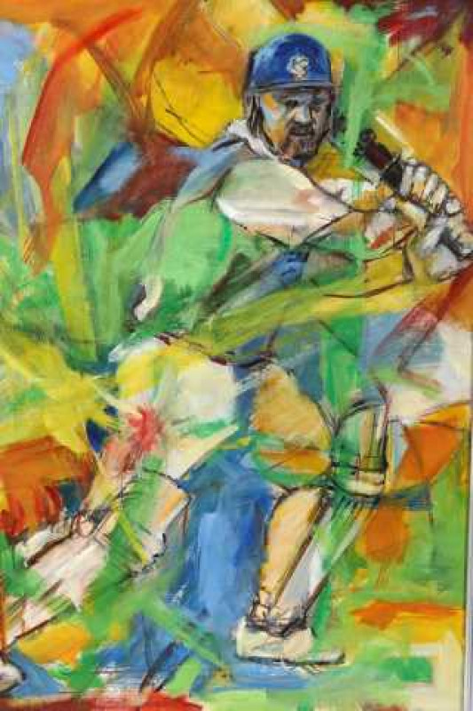 David Skinner (b.1941), Portrait of the cricketer Mike Gatting batting, signed lower right, oil on canvas, framed. 92cm by 65cm  Note: Barbados artist Skinner has exhibited at the National Art Gallery, Barbados and the Commonwealth Institute of London. Th