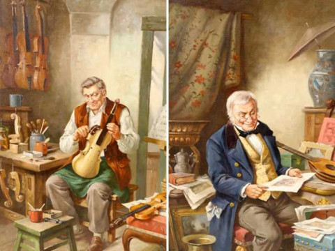 Hans Rudolf Richter (Austrian, b.1920), The violin shop and the connoisseur,...