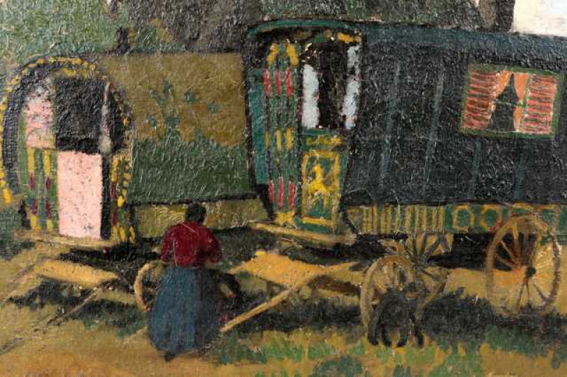 Attributed to Robert Adams (1917-1984), Gypsy caravans, signed ADAMS lower right, oil on canvas, framed. 40cm by 49.5cm  Provenance: By descent through the artist's family:
