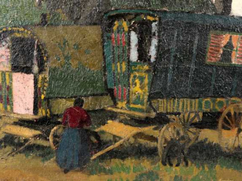 Attributed to Robert Adams (1917-1984), Gypsy caravans, signed ADAMS lower...