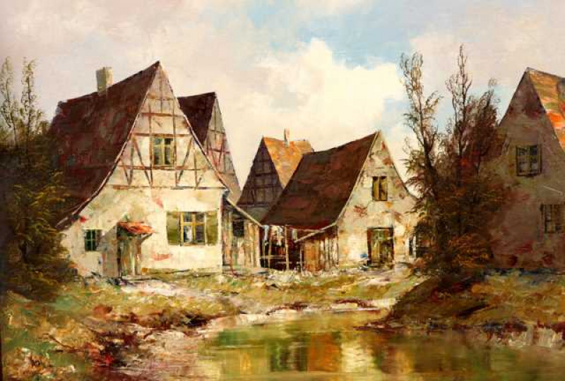 Continental School (20th Century), Half timbered houses by the water, signed H. Lieuste lower right, oil on board, framed. 61cm by 80cm