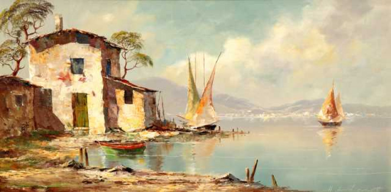 Continental School (20th Century), Seascape, signed H. Lieuste lower right, oil on board, framed. 49cm by 100cm