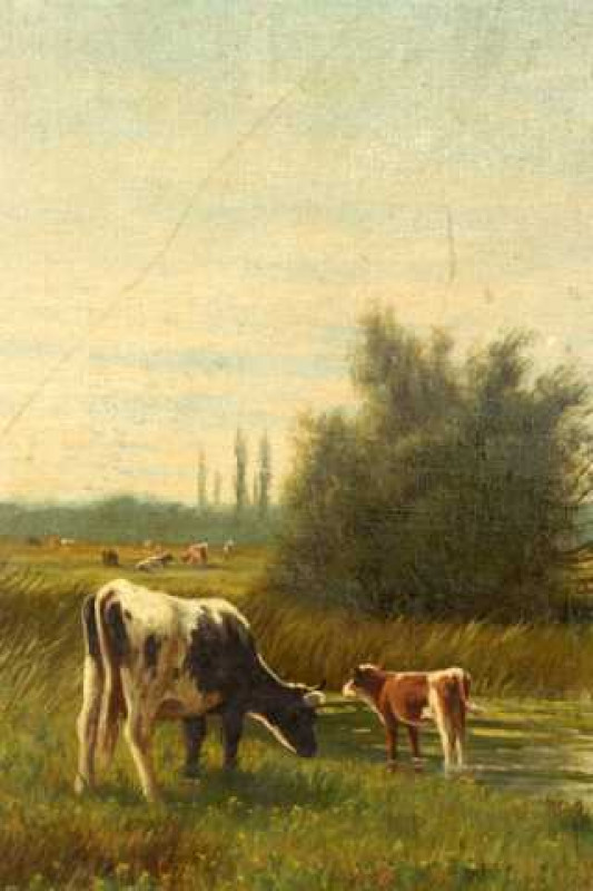 William Frederick Hulk (fl. 1875-1906), Cattle in a meadow, signed lower left, oil on canvas laid on board, framed. 24.5cm by 19.5cm  Note: A landscape and animal painter who exhibited at the RA between 1876 and 1898. Lived at Shere, near Guildford, and p