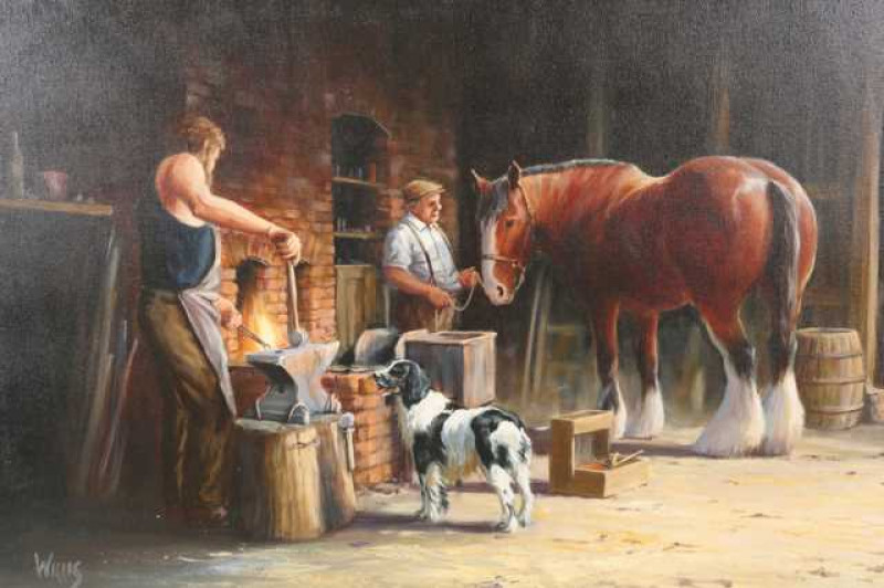 *** Willis (20th century), The Blacksmith's Forge, signed Willis lower left, oil on canvas, in a gilt composition frame. 49cm by 75cm