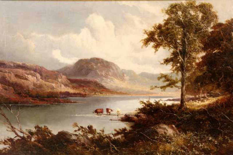 Tom Seymour (1844-1904), Highland cattle watering, signed lower left, oil on canvas, framed. 39.5cm by 59.5cm