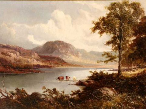 Tom Seymour (1844-1904), Highland cattle watering, signed lower left,...