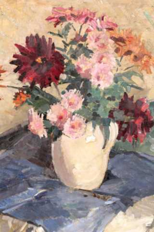 Irene Ryland (1910-1951), 'The Dark Dahlia', signed lower right, Royal Institution of Oil Painters label verso and two James Bourlet & Sons Ltd labels, oil on board, in a gilt composition frame. 59cm by 49cm