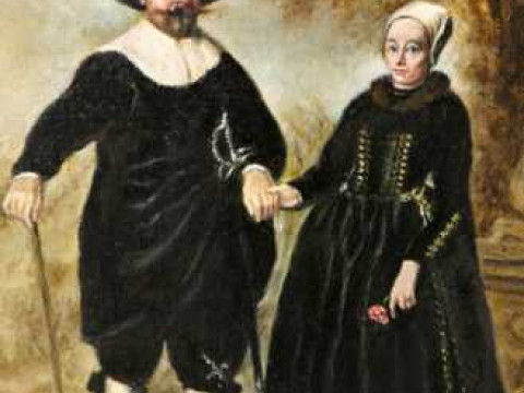 Portrait of a 17th Century Puritan Couple, oil on canvas laid on board,...