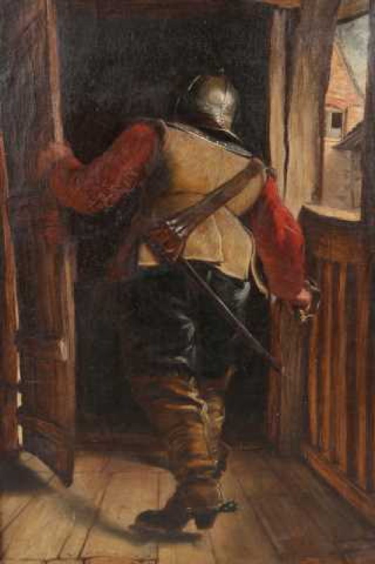 English School (19th Century), Roundhead Parliamentarian searching an Elizabethan house, oil on canvas, framed. 60cm by 39cm