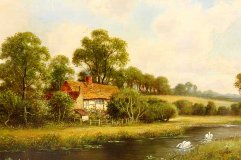 Henry Cooper (19th/20th century), Thatched cottage overlooking two swans on a river, signed lower right, oil on canvas, framed. 50cm by 75cm