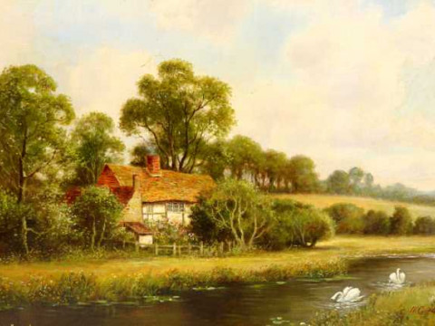 Henry Cooper (19th/20th century), Thatched cottage overlooking two swans...