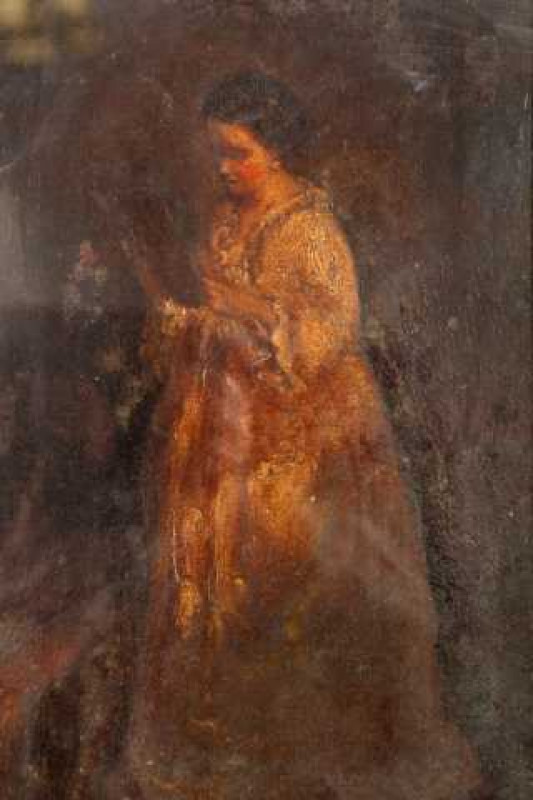 English School (19th Century), Lady reading a book, oil on canvas, framed under glass. 29cm by 18cm