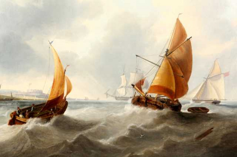 John Wilson Carmichael (1799-1868), Naval Cutter and Frigate of a Cinque Port, signed and dated 1861 lower right, oil on canvas, in a gilt composition frame. 57cm by 75cm