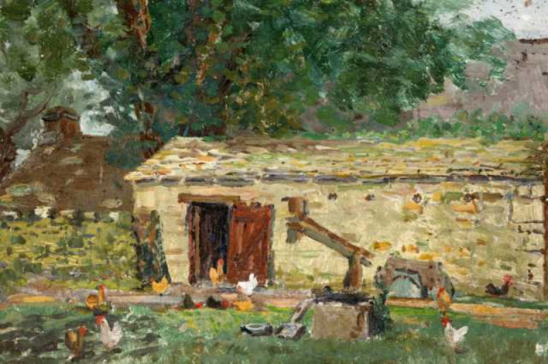 Attributed to Arthur W. Newsholme (20th century), Chickens in a farmyard, unsigned, bears inscription verso Arthur Newsholme, oil on board, in a giltwood frame. 21cm by 26cm