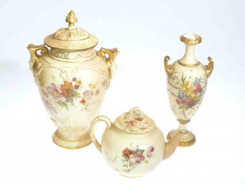 Three pieces of Royal Worcester blush ware, all restored