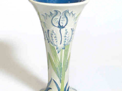 Moorcroft Iris trumpet vase on grey ground, 21cm
