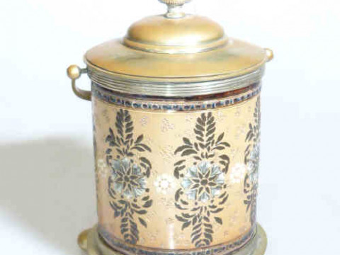 Doulton Lambeth nickel mounted biscuit jar, bearing artists monograms