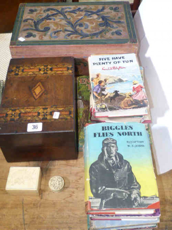 Inlaid and painted wood boxes, five Biggles and other children's books and two ivory boxes