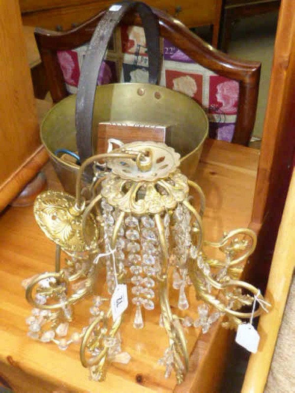 Gilt metal and lustre drop light fitting, brass jam pan, mother of pearl inlaid box and child's iron