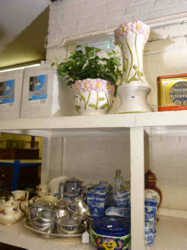 Ringtons caddies, Copeland Spode Italian tea ware, Wedgwood teaware, wall lights, jardiniere and stand, two tins, etc