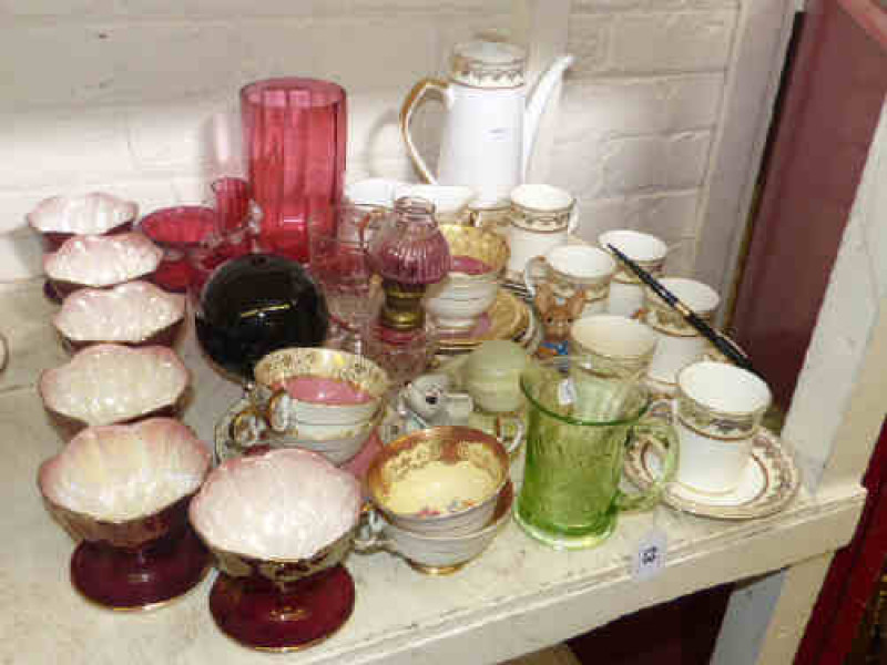 Six Maling sundae dishes, Victorian cranberry glass bowls, vase, coffee set, Aynsley teaware, figures etc