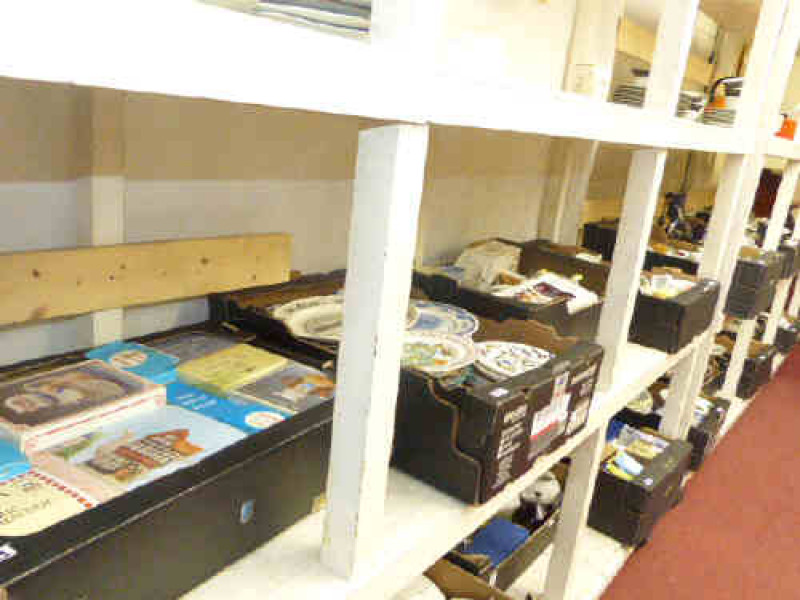 Ten boxes of glass and china including boxed novelty teapots, plates, money boxes, etc