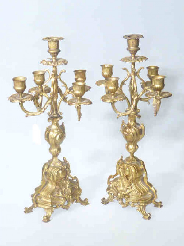 Pair of ornate gilt metal four branch candelabra, 41cm high