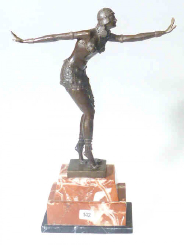 Bronze model of an Art Deco female dancer on stepped marble base, 48cm high
