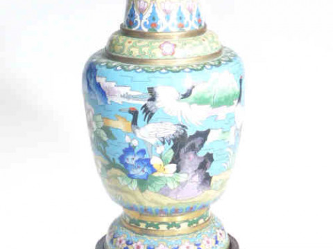 Large cloisonne vase with wading bird and floral design on wood stand,...