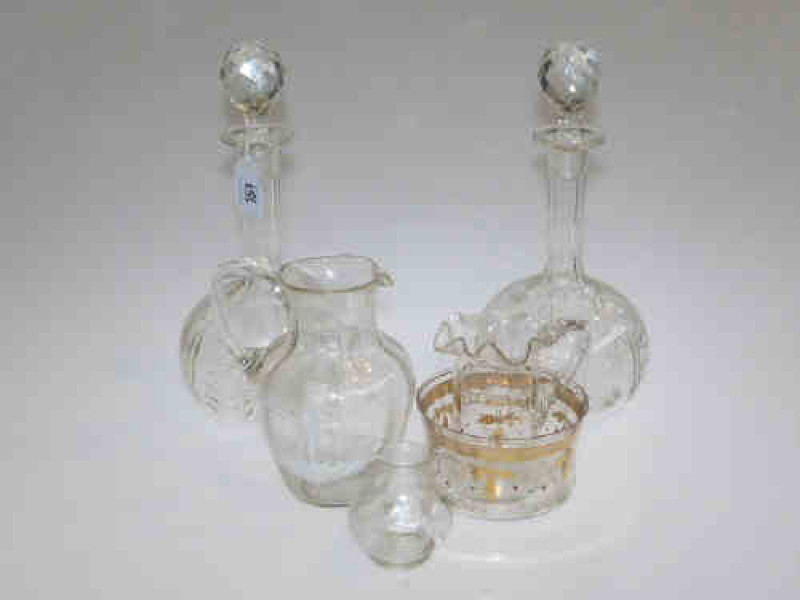 Pair of cut glass decanters, Mary Gregory jug and small jug, gilt decorated jug and bowl