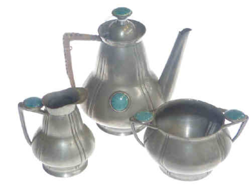 Solkets Tudric pewter Art Nouveau three piece coffee set