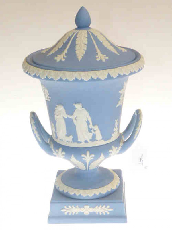 Wedgwood blue jasper ware lidded two handled urn, 29cm high