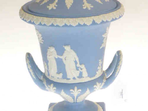 Wedgwood blue jasper ware lidded two handled urn, 29cm high