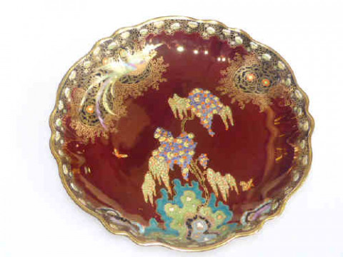 Carlton ware rouge royale circular dish with bird and floral design, 23cm...