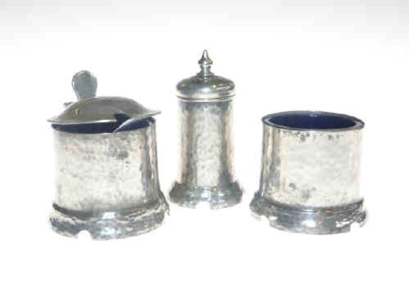 Three piece English pewter cruet set by Hutton of Sheffield