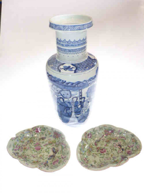 Two 19th Century Chinese enamel dishes and Chinese blue painted vase