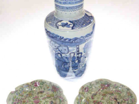 Two 19th Century Chinese enamel dishes and Chinese blue painted vase