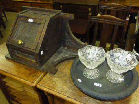 Carved oak corner cabinet, marble top table, two glass pedestal dishes...