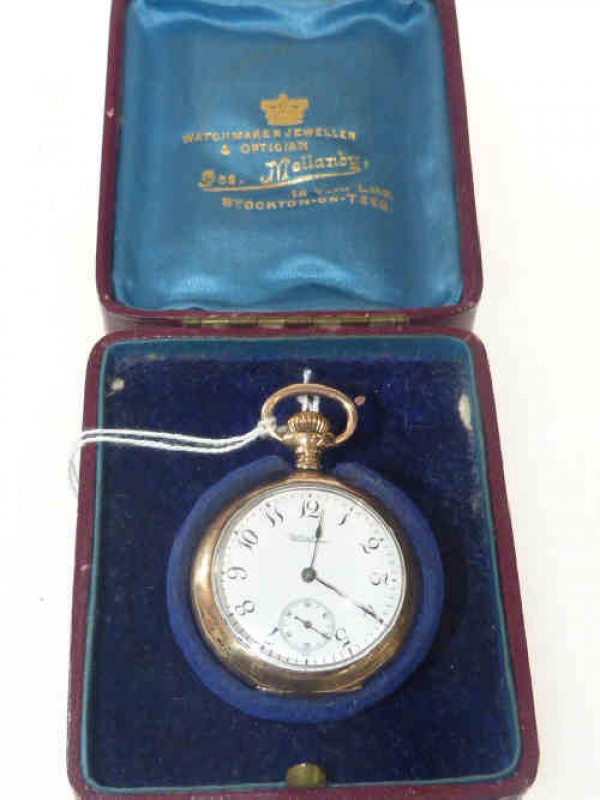 Waltham 9ct gold cased small pocket watch, cased, monogrammed, gross 30 grams