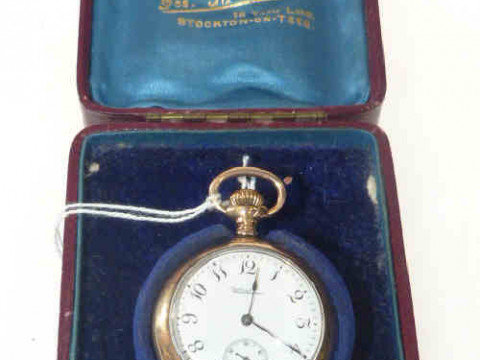 Waltham 9ct gold cased small pocket watch, cased, monogrammed, gross 30...